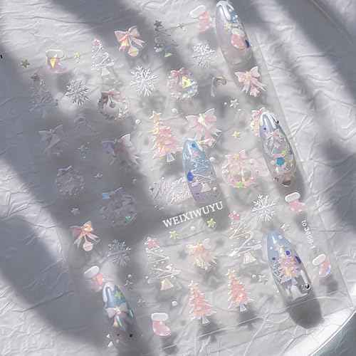 1 Sheet Pink Aurora Christmas Nail Art Sticker 5D Embossed Christmas Tree Snowflake Bowknot Cute Christmas Stocking Nail Decal Acrylic Design Women DIY Nail Salon