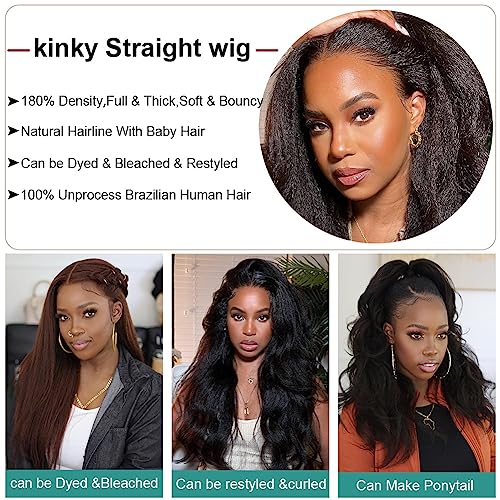 Kinky Straight Wig Human Hair 14 inch Glueless Kinky Straight 13x4 Lace Front Wig Pre Plucked HairLine with Baby Hair 180% Density Yaki Straight Wigs Natural Black Color