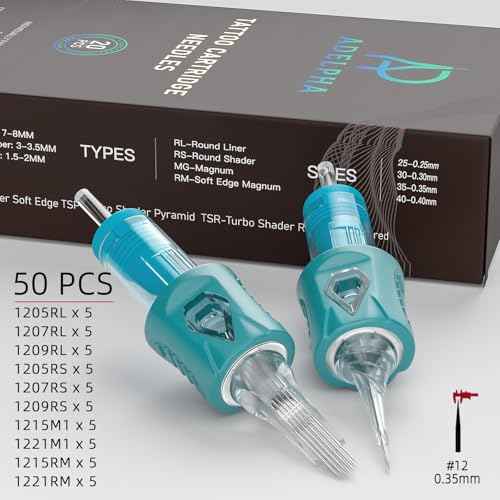 50Pcs Tattoo Cartridge Needles Assorted Mixed Size #12 Round Liner Shader Magnum 5RL 7RL 9RL 5RS 7RS 9RS 15M1 21M1 15RM 21RM with Membrane Needles for Tattoo Gun Machine