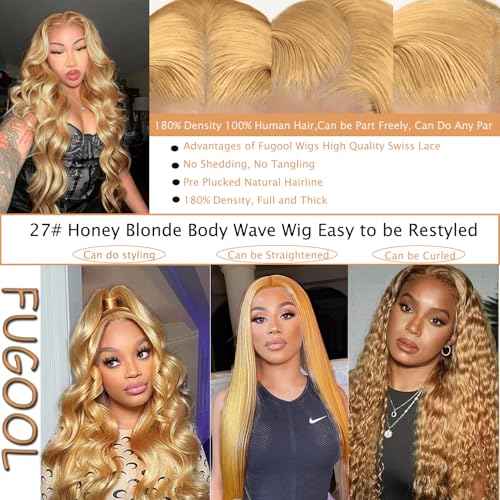 Honey Blonde Lace Front Wig 13x6 HD Lace Front Wigs Human Hair Pre Plucked 27# Blonde Body Wave Lace Wig 180 Density Colored Glueless Frontal Wigs For Black Women Human Hair 13x6 24 Inch