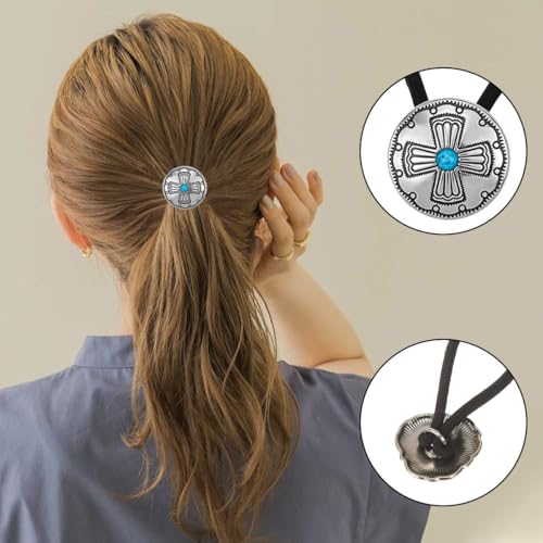 6 PCS Metal Western Style Ponytail Holders Boho Hair Ties Vintage Turquoise Hair Ropes Cross Circular Hair Ropes Heart Hair Ropes Style Ponytail Holders Silver Hair Bands for Women Girls