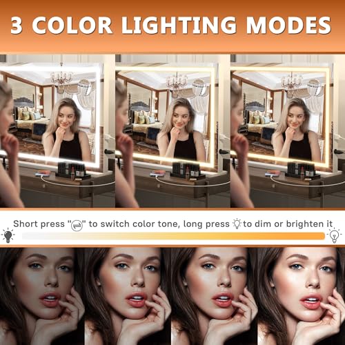 Hasipu Vanity Mirror with Lights, 23" x 18" LED Makeup Mirror, Lighted Makeup Mirror with Dimmable 3 Modes, Touch Screen Control Vanity Mirror Square White