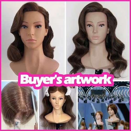 27" Female Mannequin Head with Shoulder 90% Human Hair and 10% Synthetic Hair Practice Hair Braiding Training Head Hair Styling Cosmetology Manikin Head Doll Head for Hairdresser (Brown Color)