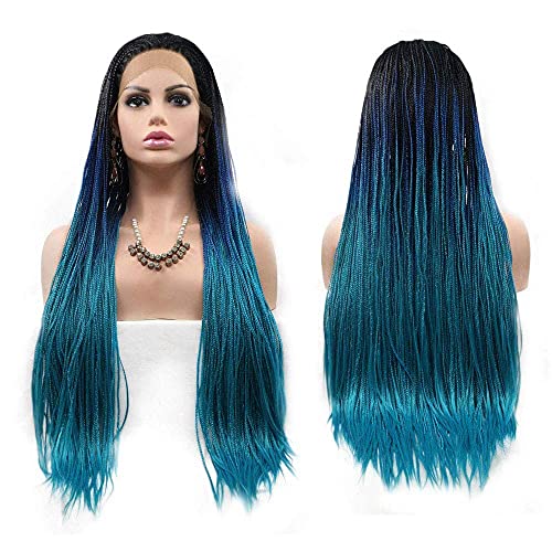 Braided Wigs for Black Women Ombre Blue Lace Front Wig Box Braided Lace Frontal Wigs Natural Hairline Synthetic Wigs Handmade Micro Braids Free Part Glueless Hair Replacement Wigs Cosplay Daily