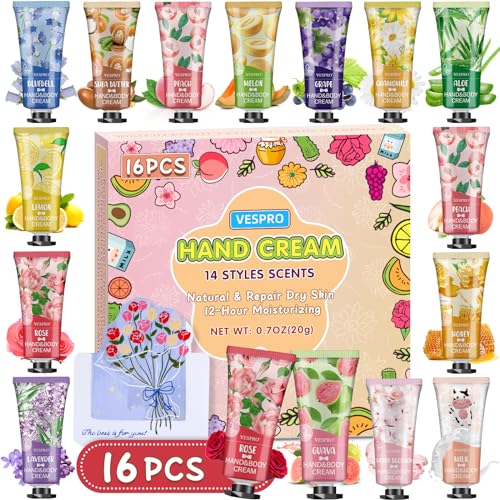 16 Pack Hand Cream Set, Stocking Stuffers for Women, Bridesmaid Gifts, Bulk Hand Lotion Travel Size for Dry Cracked Hands, Mini Hand Lotion for Thank You Gifts and Christmas Gifts with a Greeting Card