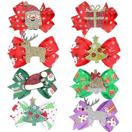 8Pcs Christmas Bow Clips Christmas Sequins Alligator Clips Hair Clips Bows Hair Barrettes, Include Santa, Christmas Tree and Cap, Hair Accessories for Girls Women