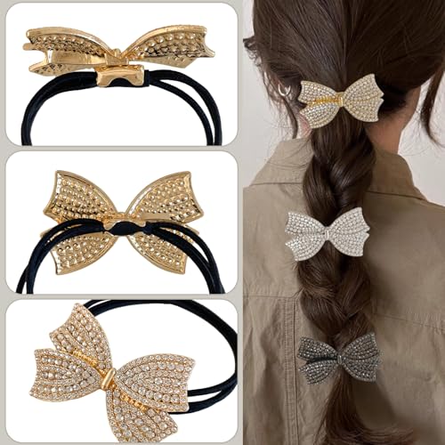 3PCS Metal Rhinestone Bow Hair Ties for Women,Sparkly Hair Scrunchies for Ponytail Holders,Cute French Elastic Rubber Band Accessories,Gold Silver Black Crystal Hair Cuffs for Thick Thin Hair