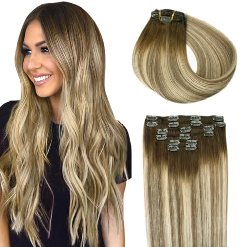 SURNEL Clip in Extensions Real Human Hair Balayage Clip in Hair Extensions 16 Inch 6pcs 100g Walnut Brown to Ash Brown and Golden Blonde Human Hair Extensions Clip ins (#3/8/22,16'')