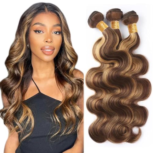 P4/27 Brazilian Human Hair Bundles Highlight Chocolate Honey Blonde 20 22 24 Inch Body Wave Bundles Human Hair 11A Unprocessed Virgin Quick Weave Sewn In Hair for Black Women