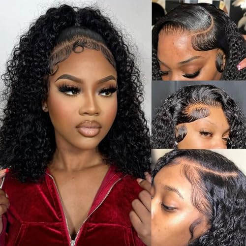 16 Inch Short Bob Wigs Deep Curly 200% Density Virgin Human Hair 13x6 Bob Wig Human Hair Pre Plucked with Baby Hair Transparent Lace Frontal Wig for Women Natural Hairline