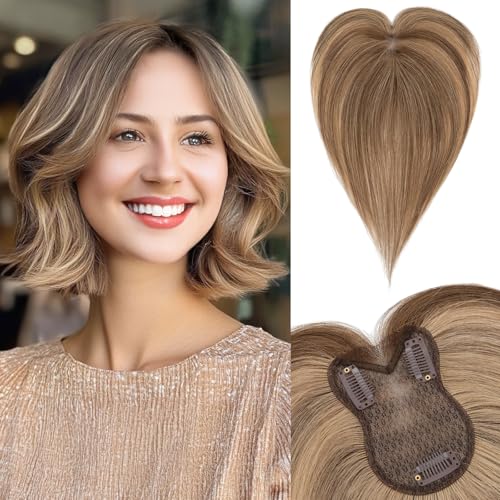 SEGO Human Hair Topper Double-Layer Hand-Stitched Thinning Hair Toppers for Women 360¡Æ3D Coverage Toppers Hairpieces Add Volume,11inch #4P27 Medium Brown Mixed Dark Blonde,20g