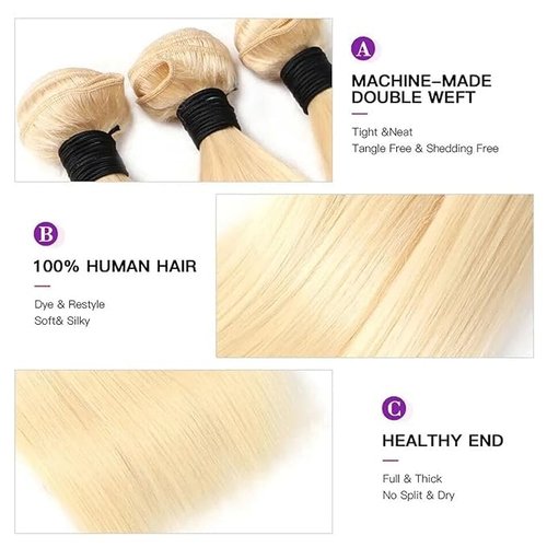 613 Straight Bundles Human Hair 3Bundles Real Human Hair Bundles Extensions Light Blonde Color 3Bundles Human Hair enough to full head(141618 Inch)