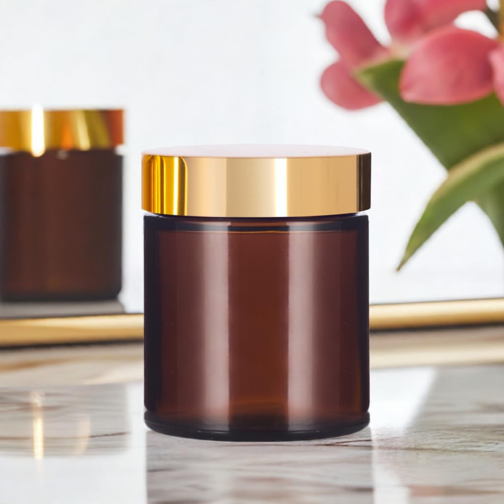 (24 pack) 4 oz Amber PET Plastic Jar with Gold Metal Overshell Lid