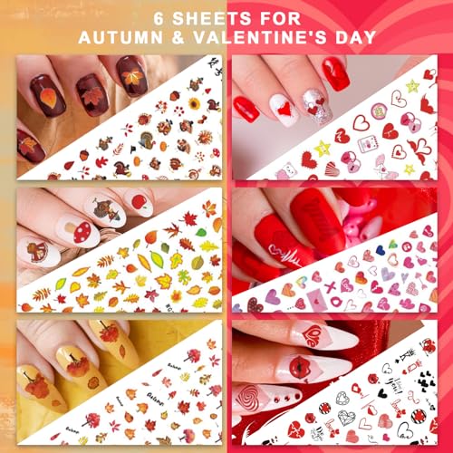 Whaline 18 Sheets Fall Nail Art Stickers All Holiday Nail Decals All Season Halloween Christmas Winter Valentine 4th of July Self-Adhesive Nail Decals for Xmas DIY Manicure Party Decor