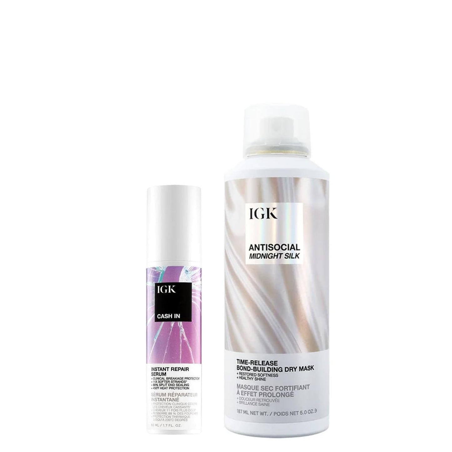 IGK Bond-Building Repair Set | ANTISOCIAL Bond-Building Dry Hair Mask + CASH IN Instant Repair Serum | Repair + Protect + Soften | Vegan + Cruelty Free | New and Improved Scent