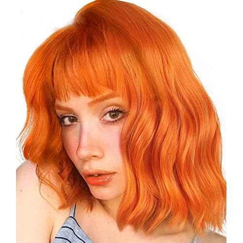Wavy Wig With Bangs Women's Short Orange Wigs Curly Wavy Bob Synthetic Cosplay Wig for Girls Daily Use Halloween Wigs(12" Orange)