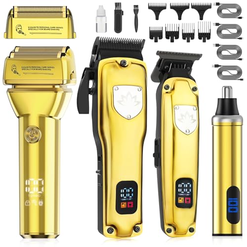 4-in-1 Hair Clippers for Men, Professional Cordless Barber Hair Cutting Kit, T-Blade Trimmer, Electric Foil Shaver, Nose Hair Trimmer, LCD Display, Grooming Gift Set (Gold)