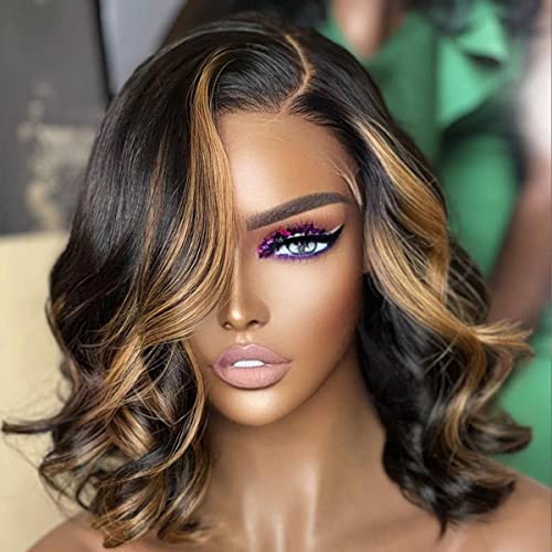 Glueless Short Body Wave Lace Front Wigs Human Hair with Blonde Highlight Pre Plucked 13X4 HD Transaprent Lace Wigs Side Part Medium Part Frontal Bob Wig For Women (12inch, Blonde Highlight)