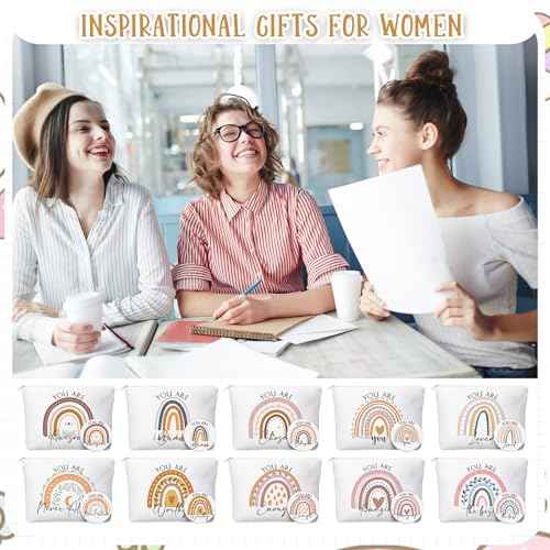 20 Pcs Employee Appreciation Gifts Inspirational Canvas Makeup Bags Compact Mirrors Bulk Cosmetic Bags Portable Mirror Thank You Gifts for Women Boss Medical Assistant Christmas (Rainbow)