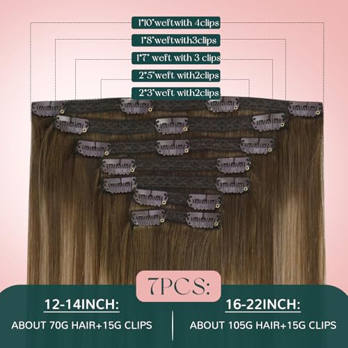 Easyouth Clip in Hair Extensions Balayage Thick Human Hair Clip in Extensions Dark Brown Fading to Caramel Blonde Mix Brown Clips in Extensions Real Human Hair Ease of Use 20 Inch 7Pcs 120G