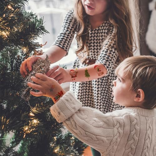 16 Sheets Glitter Christmas Temporary Tattoos for Kids Birthday Party Favors, Christmas Sparkly Winter Holiday Body Decoration Tattoo Stickers for Boys and Girls Goodie Bag Stocking Stuffers