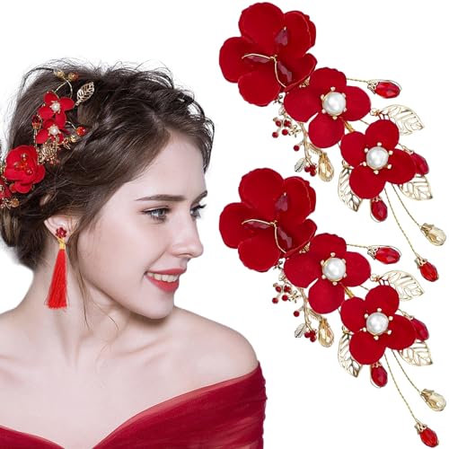 2 Pack Red Flower Hair Clips Rose Floral Bridal Hairpins Crystal Pearl Flower Bride Headpiece Red Wedding Accessories for Women Girls Halloween Chrismas Party Prom