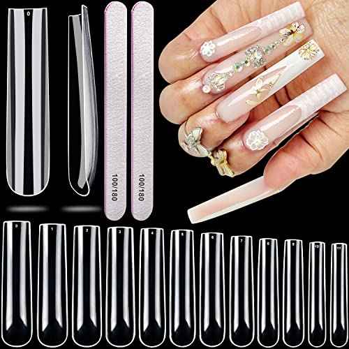 504pcs 3XL Square Nail Tips, AITRAI Extra Long Full Cover Nail Tips for Acrylic Nails Professional, No C Curve Acrylic Clear Nail Tips with 2pcs Files for Nail Salon Home, 12 Sizes