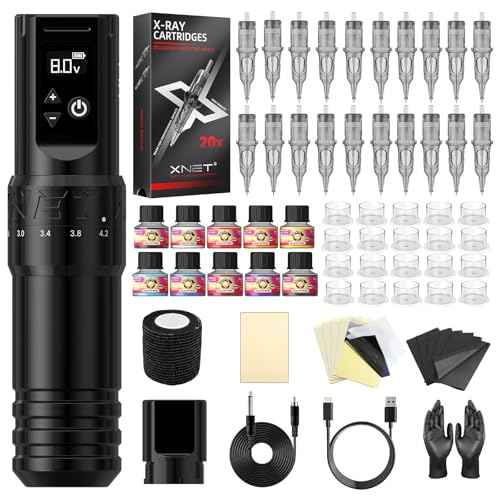 Tattoo Gun Kit Complete Tattoo Machine Kit, Xnet Cordless Rotary Tattoo Pen 7 Adjustable Strokes with 2400 mAh Battery, 20pcs X-ray Mixed Sizes Cartridge Needles Set Supply for Starter