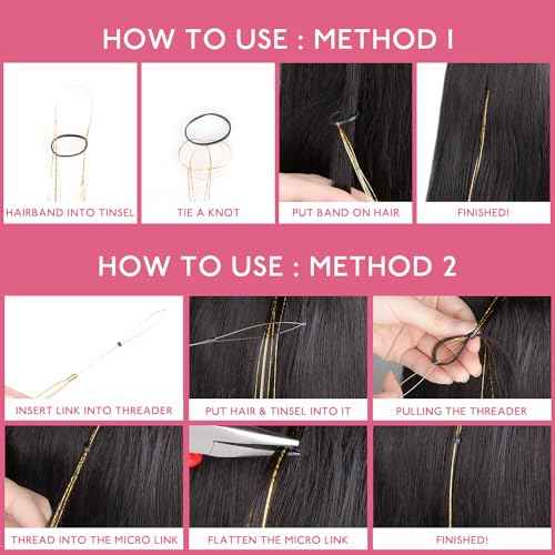 WENNALIFE Hair Tinsel for Girls, Chrismas Fairy 2PCS Red 2PCS Green 1PCS Gold 1PCS Silver 1200 Strands 6PCS 48 Inch Glitter Tinsel Hair Extensions Christmas Gift Sparkle Strands