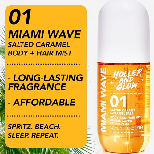 Holler and Glow Miami Wave Salted Caramel Body & Hair Mist, Body Spray For Women, Hair Perfume, Fragrance, Sweet Coconut, Vanilla Scented, Warm & Sweet Fragrance Notes, 8.11 Fl Oz
