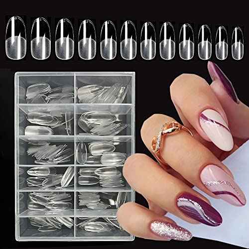 AddFavor 240pcs Oval Nail Tips Clear Full Cover Medium Length Round Fake Nails Acrylic Gel Nail Tips for Salon and Home Nail Art Manicure 12 Sizes