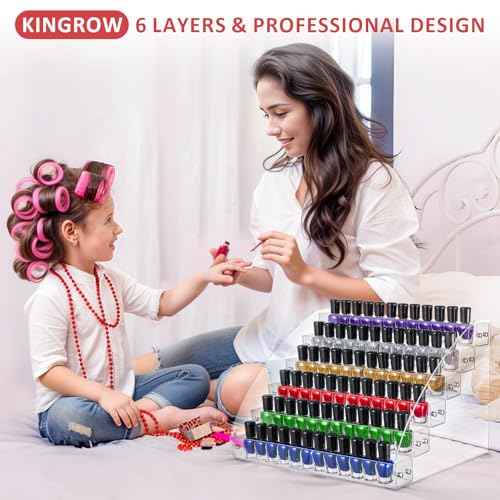 KINGROW Nail Polish Organizer Holder Rack 6 Layers Acrylic Display Rack Eyeglasses Shelf Essential Oils Ink Storage Holds Up to 96 (Fit 1-2oz Bottles)