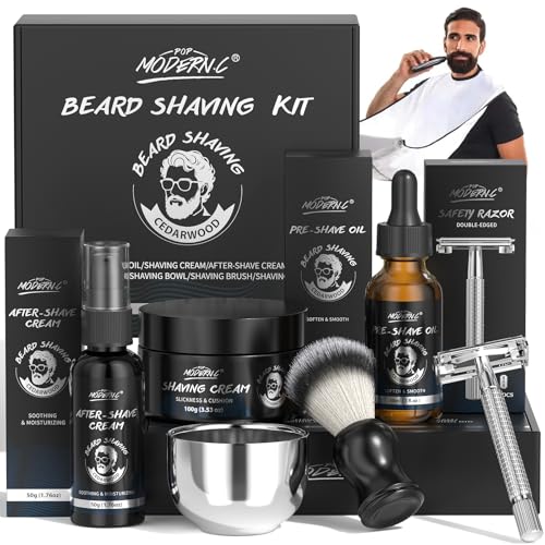 8Pcs Shaving Kit for Men Gift Basket for Christmas Birthday Father's Day Includes Pre-Shave Oil Shaving Cream After Shave Cream 10pcs Razor Blades Safety Razor Shaving Bowl Shaving Brush Beard Bib