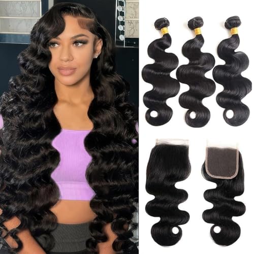 Human Hair Bundles with Closure 18 20 22+16 Inch 100% Brazilian Virgin Human Hair Weave Body Wave 3 Bundles with 4x4 Lace Closure