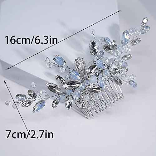 Teyglen Dainty Crystal Bridal Wedding Hair Comb Sparkly Silver Opal Rhinestone Hair Pieces Hair Accessories Bridal Side Comb Headpieces for Women Bride Girls
