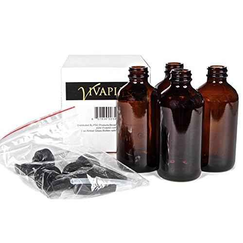 Vivaplex, 4, Large, 8 oz, Empty, Amber Glass Bottles with Black Lotion Pumps