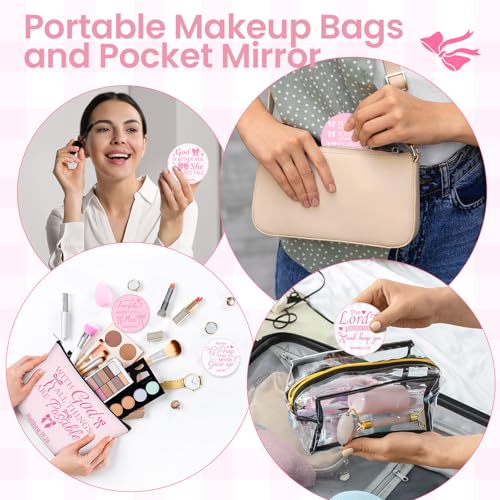 Geelin 24 Pcs Pink Bow Christian Gifts Bulk for Women 12 Coquette Bow Knot Religious Canvas Makeup Bags 12 Bible Verse Compact Mirrors Inspirational Church Party Gifts for Women Mother Sister