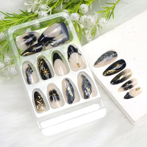 Medium Press on Nails Almond Golden Leaves Beads Stars Flowers Dark Blue French Tip Fake Nails Press ons Acrylic Glossy Glue on Nail Full Cover Stick on Nail for Women 24 Pcs