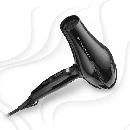 StyleCraft Stay-Temp Professional Lightweight Hair Dryer, 3 Heat/2 Speed Settings, Ionic Turbo Motor, Concentrator Nozzle, and Pik Attachments