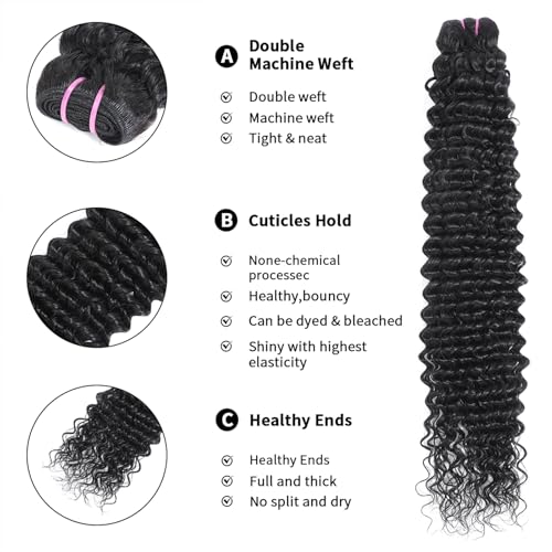 15A Raw Human Hair Bundles Deep Wave Bundles Human Hair,Triple Lifespan Indian Virgin Hair,No Tangle Shedding,Multiple Washes Keep Texture Silky Soft (1 Bundle Natural Black, 26)