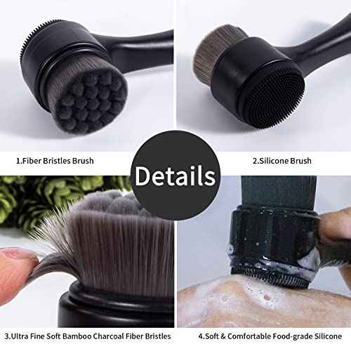 Face Brush 2 in 1, Facial Cleansing Exfoliating Scrubber Brush, Silicone Double Side Manual Face Wash Scrub Brush with Soft Bamboo Charcoal Fiber for Deep Pore Cleansing, Massaging, Skin Care