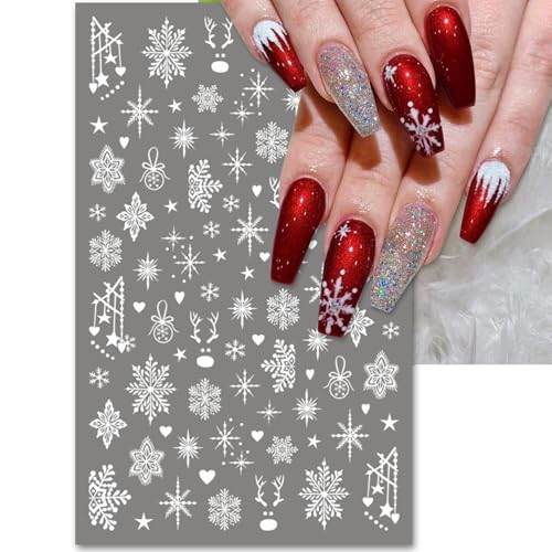 Large Snowflake Nail Stickers, Christmas 3D Self-Adhesive Nail Art Decals - White Snowman Santa Elk Design for DIY Manicure Winter Xmas DIY Nail Decorations (4 Sheets)