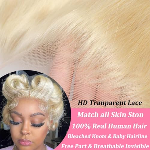 613 13x6 Lace Front Wig Human Hair 200 Density HD Body Wave Blonde Lace Front Pre Plucked Lace Frontal Wig, 24-Inch
