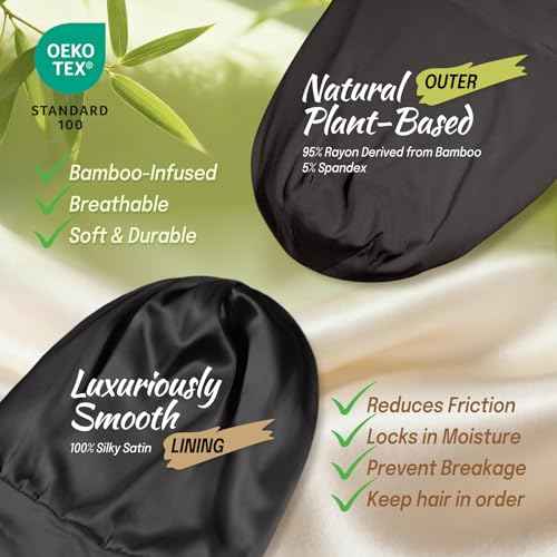 Large Satin Bonnet for Men Sleeping: Loc Cap Dreadlocks for Curly Braids Wave, Silky for Frizzy Hair Smooth, Adjustable No Slip Black