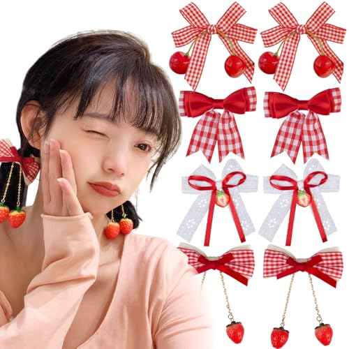 8 Pack Cherry Strawberry Hair Accessories Bow Hair Clips Red Alligator Hair Barrettes Plaid Bow Hairpins for Women Girls Christmas Hair Decoration