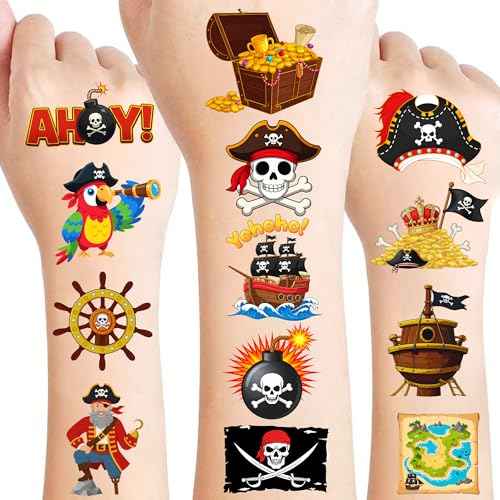 96 PCS Pirate Pre-Cut Temporary Tattoos for Kids, Pirate Ship Nautical Themed Tattoos for Birthday Party Decorations Favors Cute Mermaid Treasure Tattoo Stickers for Kids Boys Girls Party Bag Filler