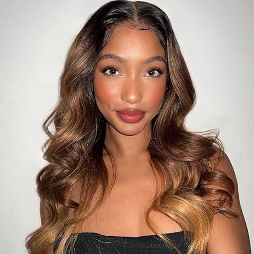 Aaliweya Highlight Ombre Body Wave 360 Lace Front Wig Human Hair for Women 180% Density Glueless Wig Pre Plucked Natural Hairline HD Transparent Full Lace Frontal Wigs Human Hair 18Inch