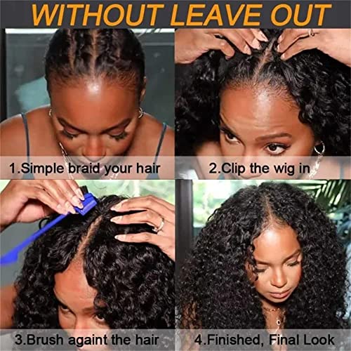 Curly V Part Wig Human Hair Brazilian Virgin Human Hair Wigs for Black Women Upgrade U Part Wigs Glueless Full Head Clip In Half Wig No Leave Out 180% Density Natural Black 18 Inch