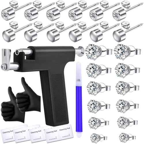 Self Ear Piercing Gun Kit with 12 Pairs of CZ Ear Stud Piercing Tools with Multi-Purpose Ear Gun for Salon and Home Use