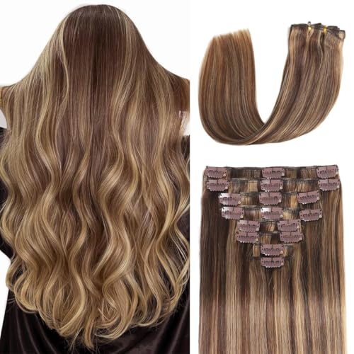 Clip in Hair Extensions Real Human Hair 3.9oz/110g Clip ins 100% Human Hair Extension for Women 8pcs Per Set with 18 Clips Double Weft (22 Inch #4/27 Chocolate Brown to Honey Blonde)